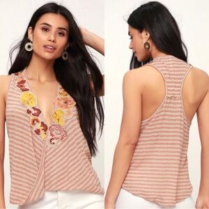 Free People Floral Embroidered Striped Wrap Top Gauzy Knit Boho Soft Boxy Baggy